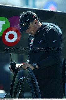 Team New Zealands skipper Dean Barker bows his head in disappointment after retiring from race one of Americas Cup, Auckland, New Zealand. Feb, 15. 2002. Team New Zealand retired from todays match after breaking a boom and damaging their head foil making the score 1-0 to Alinghi. (Mandatory credit: Sergio Dionisio/Oceanfashion Pictures)