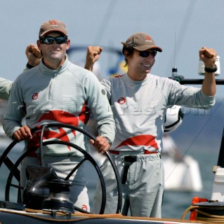 Alinghi skipper Russel Coutts and Chairman Ernesto Bertarelli  after  the match against Americas Oracle in the fiifth race of the Louis Vuitton Cup final in Auckland, New Zealand, Saturday, Jan. 17, 2003. Alinghi won the match by 13 seconds to make the score 1-0 in the best of nine races. (Carlo Borlenghi/Kos Picture Source) NOT FREE