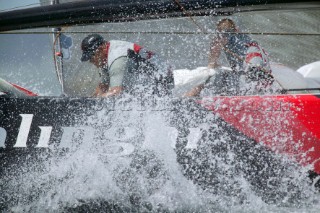Switzerlands Alinghi in action during the match against Americas Oracle in the fiifth race of the Louis Vuitton Cup final in Auckland, New Zealand, Saturday, Jan. 17, 2003. Alinghi won the match by 13 seconds to make the score 4-1 in the best of nine races. (Carlo Borlenghi/  )