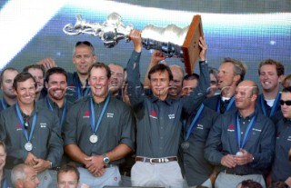 Auckland - New Zealand - 03rd March 2003. Americas Cup 2003 - Prizegiving. Alinghi win the Race Five of the XXXI Americas Cup match in Auckland on Sunday and with it, for the first time in its 152-year history the Americas Cup is going to Europe. Ernesto Bertarelli with the trophy. Photo.Carlo Borlenghi/