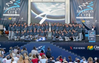 Auckland - New Zealand - 03rd March 2003. Americas Cup 2003 - Prizegiving. Alinghi win the Race Five of the XXXI Americas Cup match in Auckland on Sunday and with it, for the first time in its 152-year history the Americas Cup is going to Europe. Alinghi team.