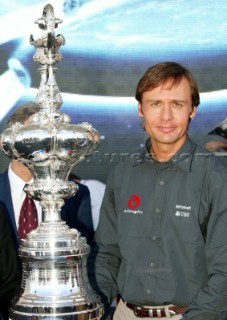 Auckland - New Zealand - 03rd March 2003. Americas Cup 2003 - Prizegiving. Alinghi win the Race Five of the XXXI Americas Cup match in Auckland on Sunday and with it, for the first time in its 152-year history the Americas Cup is going to Europe. Ernesto Bertarelli with the trophy.