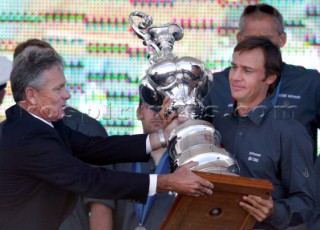 Auckland - New Zealand - 03rd March 2003. Americas Cup 2003 - Prizegiving. Alinghi win the Race Five of the XXXI Americas Cup match in Auckland on Sunday and with it, for the first time in its 152-year history the Americas Cup is going to Europe. Ernesto Bertarelli with the trophy.