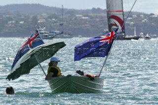 Team New Zealand supports swim and waiting for breeze during race five the Americas Cup in Auckland, New Zealand. Mar, 01. 2003.  Race five was finally abandon due to lack of wind leaving the score 5-0 to Switzerlands Alinghi Challenge in a best of nine series.