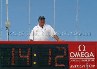 Americas Cup race officer Harald Bennett checks for breeze during race five the Americas Cup in Auckland, New Zealand. Mar, 01. 2003.  Race five was finally abandon due to lack of wind leaving the score 5-0 to Switzerlands Alinghi Challenge in a best of nine series.