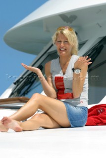 Kirsty Bertarelli wife of Alinghi Head and Navigator Ernesto Bertarelli, shows her distress as she wait for breeze during race five the Americas Cup in Auckland, New Zealand. Mar, 01. 2003.  Race five was finally abandon due to lack of wind leaving the score 5-0 to Switzerlands Alinghi Challenge in a best of nine series.