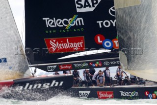 Team New Zealands NZL-82 crew keep a close eye on Switzerlands Alinghi Challenge during race five the Americas Cup in Auckland, New Zealand. Mar, 01. 2003.  Race five was finally abandon due to lack of wind leaving the score 5-0 to Switzerlands Alinghi Challenge in a best of nine series.