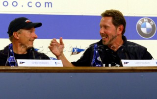 Oracle BMW Racing skipper Chris Dickson and Syndicate head Larry Ellison. Louis Vuitton Cup, Press Conference. Auckland, New Zealand. Nov, 16. 2002  (Photo credit: Sergio Dionisio/Kos Picture Source