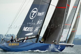 Americas Oneworld Challenge leads fellow contryman Srars & Stripes to the top mark during race two of the . Louis Vuitton Cup, Quarter final repachage. Auckland, New Zealand. Nov, 27. 2002  .