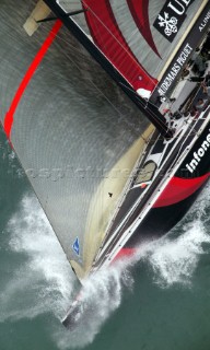 The Fourth race for the Americas Cup in Auckland, New Zealand, Friday, Feb. 28, 2003. New Zealand  against Switzerlands Alinghi. New Zealand failed to complete the race after her mast broke during the third leg.