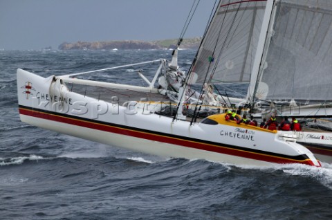 Maxi Cat Cheyenne owned by American Steve Fossett crosses the Finish after a record round the world 