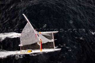 Maxi Cat Cheyenne owned by American Steve Fossett crosses the Finish after a record round the world non-stop voyage of 58 days, 9 hours, 32 minutes and 45 seconds.