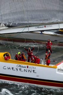 Maxi Cat Cheyenne owned by American Steve Fossett crosses the Finish after a record round the world non-stop voyage of 58 days, 9 hours, 32 minutes and 45 seconds.