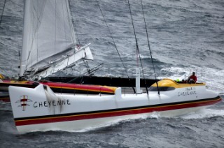 Maxi Cat Cheyenne owned by American Steve Fossett crosses the Finish after a record round the world non-stop voyage of 58 days, 9 hours, 32 minutes and 45 seconds.