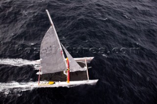 Maxi Cat Cheyenne owned by American Steve Fossett crosses the Finish after a record round the world non-stop voyage of 58 days, 9 hours, 32 minutes and 45 seconds.