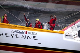 Maxi Cat Cheyenne owned by American Steve Fossett crosses the Finish after a record round the world non-stop voyage of 58 days, 9 hours, 32 minutes and 45 seconds.