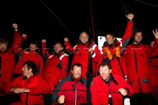 Maxi Cat Cheyenne owned by American Steve Fossett crosses the Finish after a record round the world non-stop voyage of 58 days, 9 hours, 32 minutes and 45 seconds.