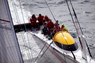 Maxi Cat Cheyenne owned by American Steve Fossett crosses the Finish after a record round the world non-stop voyage of 58 days, 9 hours, 32 minutes and 45 seconds.