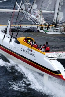 Maxi Cat Cheyenne owned by American Steve Fossett crosses the Finish after a record round the world non-stop voyage of 58 days, 9 hours, 32 minutes and 45 seconds.