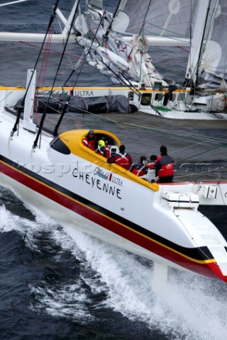 Maxi Cat Cheyenne owned by American Steve Fossett crosses the Finish after a record round the world 