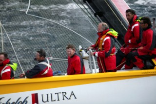 Maxi Cat Cheyenne owned by American Steve Fossett crosses the Finish after a record round the world non-stop voyage of 58 days, 9 hours, 32 minutes and 45 seconds.