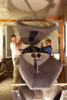 Paul Larsen (AUS) working on  SAILROCKET under construction in Southampton at NEG-MICON facility.