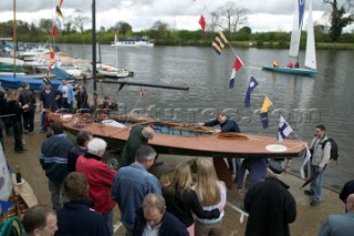 The official river launch of the restored Thames A-Rater Ulva owned by professional racing sailor and classic yacht enthusiast Ossie Stewart.