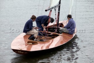 The official river launch of the restored Thames A-Rater Ulva owned by professional racing sailor and classic yacht enthusiast Ossie Stewart.