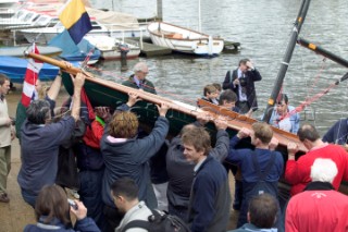 The official river launch of the restored Thames A-Rater Ulva owned by professional racing sailor and classic yacht enthusiast Ossie Stewart.