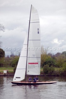 The official river launch of the restored Thames A-Rater Ulva owned by professional racing sailor and classic yacht enthusiast Ossie Stewart.