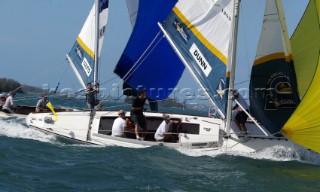 New Zealanders Cameron Dunn flight off a challenge from Americas Cup champion Russell Coutts from Team Alinghi during the final race on day five of the Investors Guaranty presentation of the King Edward VII Gold Cup 2003, Royal Bermuda Yacht Club, Hamilton, Bermuda. Oct, 22nd. 2003. Coutts won the first round 3-2 over Dunn to progress though to the quarter finals which start on Friday.