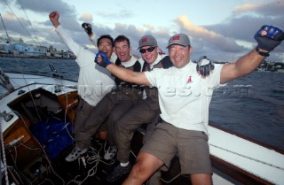 Crewman from Pizza-La Sailing Team (L-R) Yasuhiro Yaji, Mike Mottl, skipper Peter Gilmour and Kazuhiko Sofuku celebrate after winning the mens final of the Investors Guaranty presentation of the King Edward VII Gold Cup 2003, Royal Bermuda Yacht Club, Hamilton, Bermuda. Oct, 26th. 2003