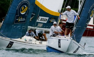 Olympic champion Great Britains Ben Ainslie calls the start for New Zealands Dean Barker of Team New ZealandÕs Omega Match Racing Team in the per start against New Zealands Chris Dickson of Team ORACLE BMW Racing during the semi finals of the Investors Guaranty presentation of the King Edward VII Gold Cup 2003, Royal Bermuda Yacht Club, Hamilton, Bermuda. Oct, 25th. 2003   .