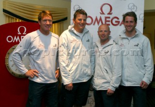 Team New ZealandÕs (L-R) Tony Rae, Dean Barker, James Dagg, Ben Ainslie at the presentation of the Omega Match Racing Team at the Investors Guaranty presentation of the King Edward VII Gold Cup 2003, Royal Bermuda Yacht Club, Hamilton, Bermuda. Oct, 25th. 2003   .