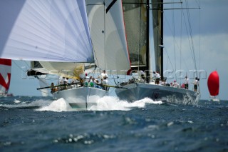 Antigua Race Week 2004 in the Caribbean.  Canting keel ballast maxi yacht Morning Glory owned by Hasso Platner