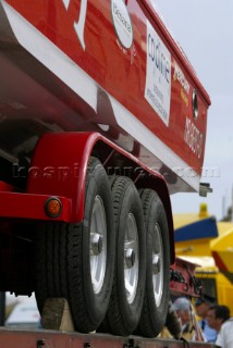 28/5/04.Valletta, Malta: Giant trucks move the huge powerboats around the dock area in preparation for the parade around the town.