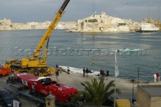 Crane preparing to launch powerboats