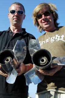 30/5/04, Valletta, Malta: British team Jan Salkowski, and Drew Langdon show off their worn props after the race around the island of Malta