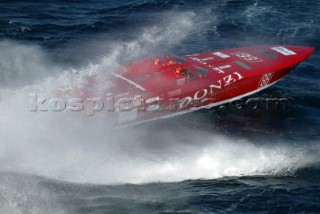 A powerboat crashes through a wave during the Powerboat P1 World Championship, Malta