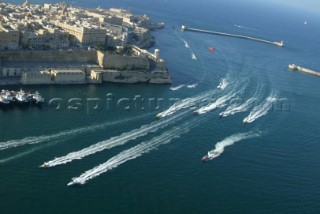 29/5/04, Valletta, Malta: The fleet power into the harbour of Valletta after 6 laps on the east coast of Malta