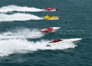 Rome 19/6/04 The first race was held in rough conditions as the boats leave the start, but already Thuraya was taking the lead and went on to win as the local team . Piolted by ex Tennis star Panatta