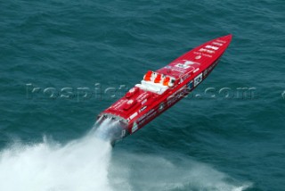 19.06.04, Fuimicino, Rome . THURAYA takes line honours flying the colours for Rome. Nationality: Italian. Class: Evolution. Main Sponsors: Thuraya. Hull/Engine Particulars: CUV 38Õ/Lamborghini. Length of Boat Ð 11.58m. Claudio Castellani Ð Driver. Adriano Panatta Ð Throttleman. Luciano Salvatori Ð Navigator. Team owner - Publisport4th overall in the 2003 season in Evolution category