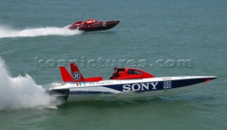 SONY leads eventual winner Thuraya, before breakdown in the Grand Prix of Italy 2004 - Powerboat P1 World Championships. Nationality: Italian. Class: Evolution. G. Zanoni Ð Driver. G. Bodega Ð Throttleman. V. Tota Ð Navigator