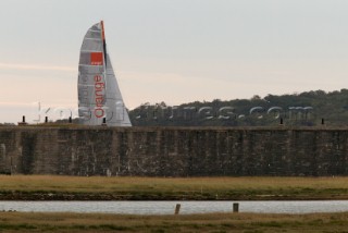 Round the Isle of Wight Race 2004 organised by the Island Sailing Club. Maxi cat Orange passing Hurst Castle attempting a new race record.