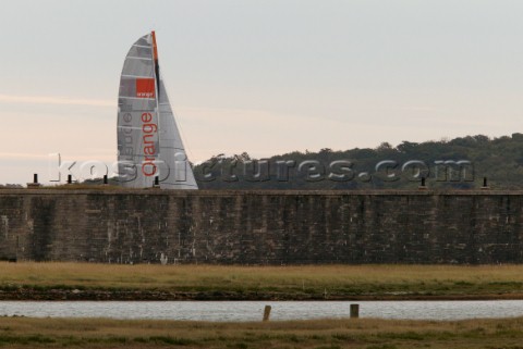 Round the Isle of Wight Race 2004 organised by the Island Sailing Club Maxi cat Orange passing Hurst