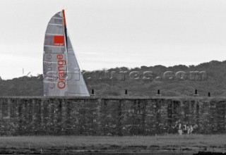 Round the Isle of Wight Race 2004 organised by the Island Sailing Club. Maxi cat Orange passing Hurst Castle attempting a new race record.