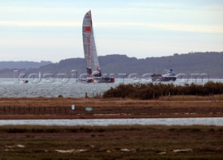 Round the Isle of Wight Race 2004 organised by the Island Sailing Club. Maxi cat Orange passing Hurst Castle attempting a new race record.