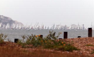 Round the Isle of Wight Race 2004 organised by the Island Sailing Club. The fleet approaches the Needles lighthouse.