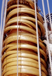 Wooden mast hoops on board classic yacht Lady Anne