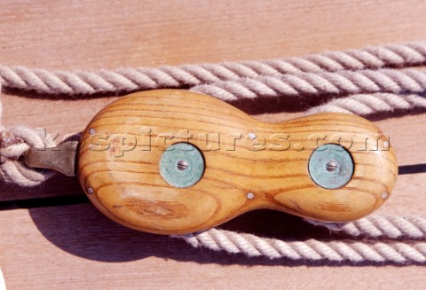 Detail of block and tackle on classic yacht